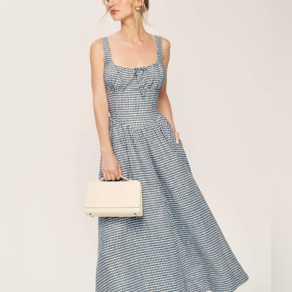 Reformation Blue and White Gingham Midi Dress - Picture 1 of 7
